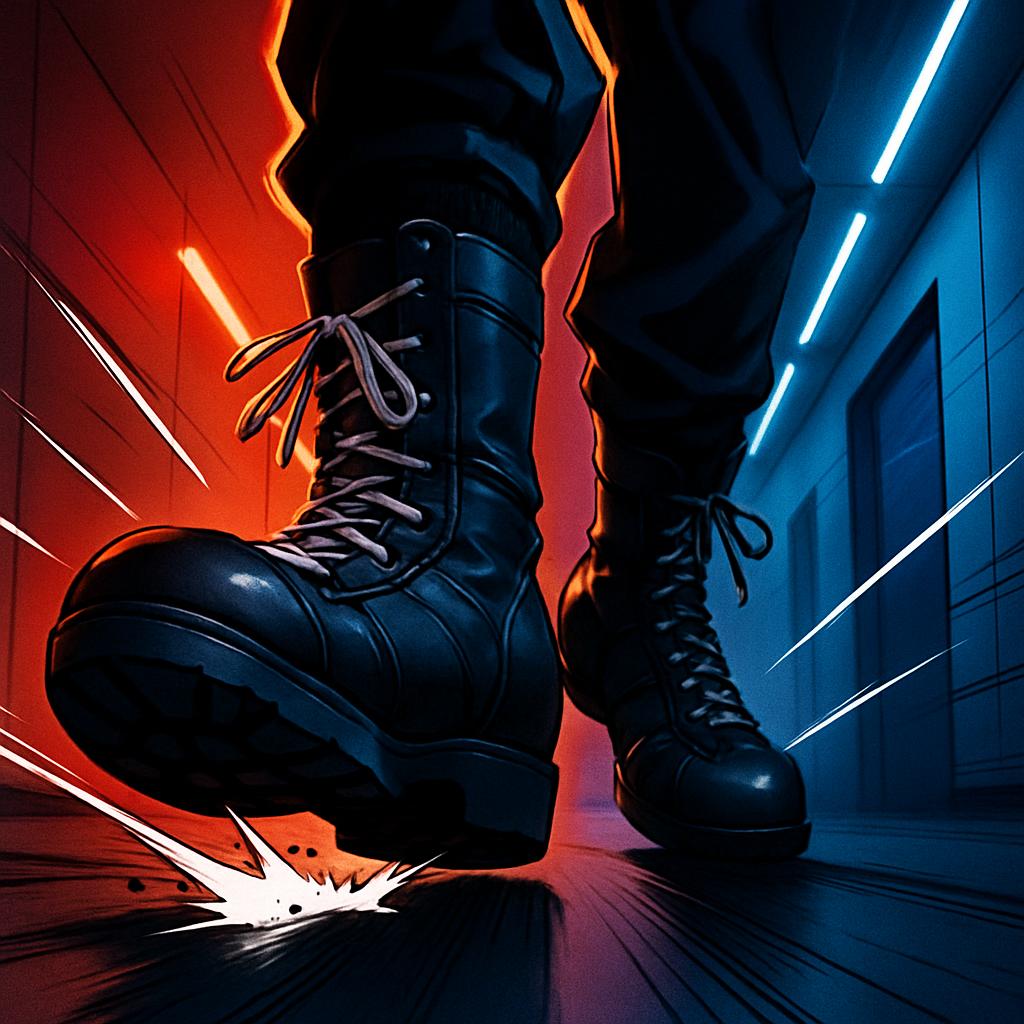 L'homme et ses bottes courent dans un corridor en plein feu, prend des talons.