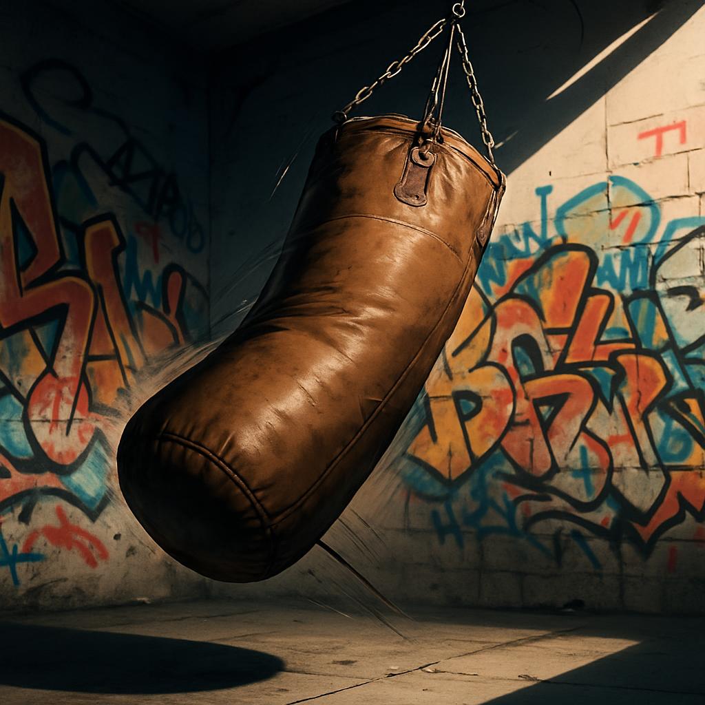 Le brown leather speed ball est suspendu à un mur de graffiti dans un espace sombre et ancien. La lumière du jour pénètre ...