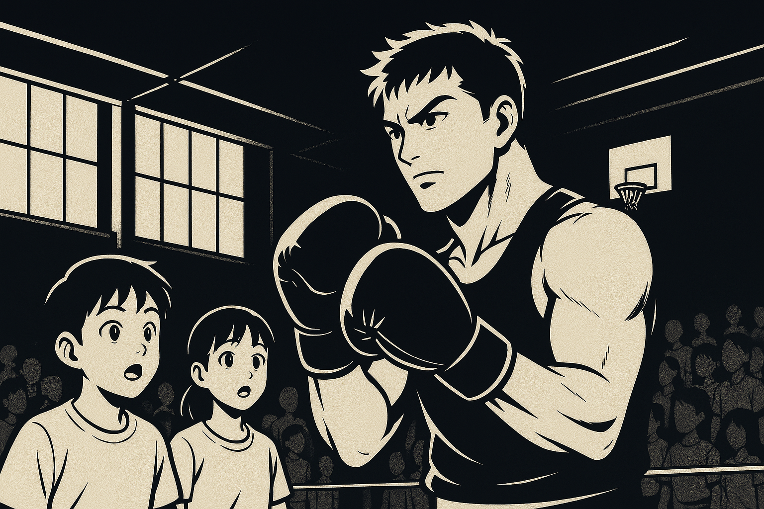 A cartoon man, wearing boxing gloves, is shown standing in a gymnasium in front of a surprised boy and girl, with an audie...