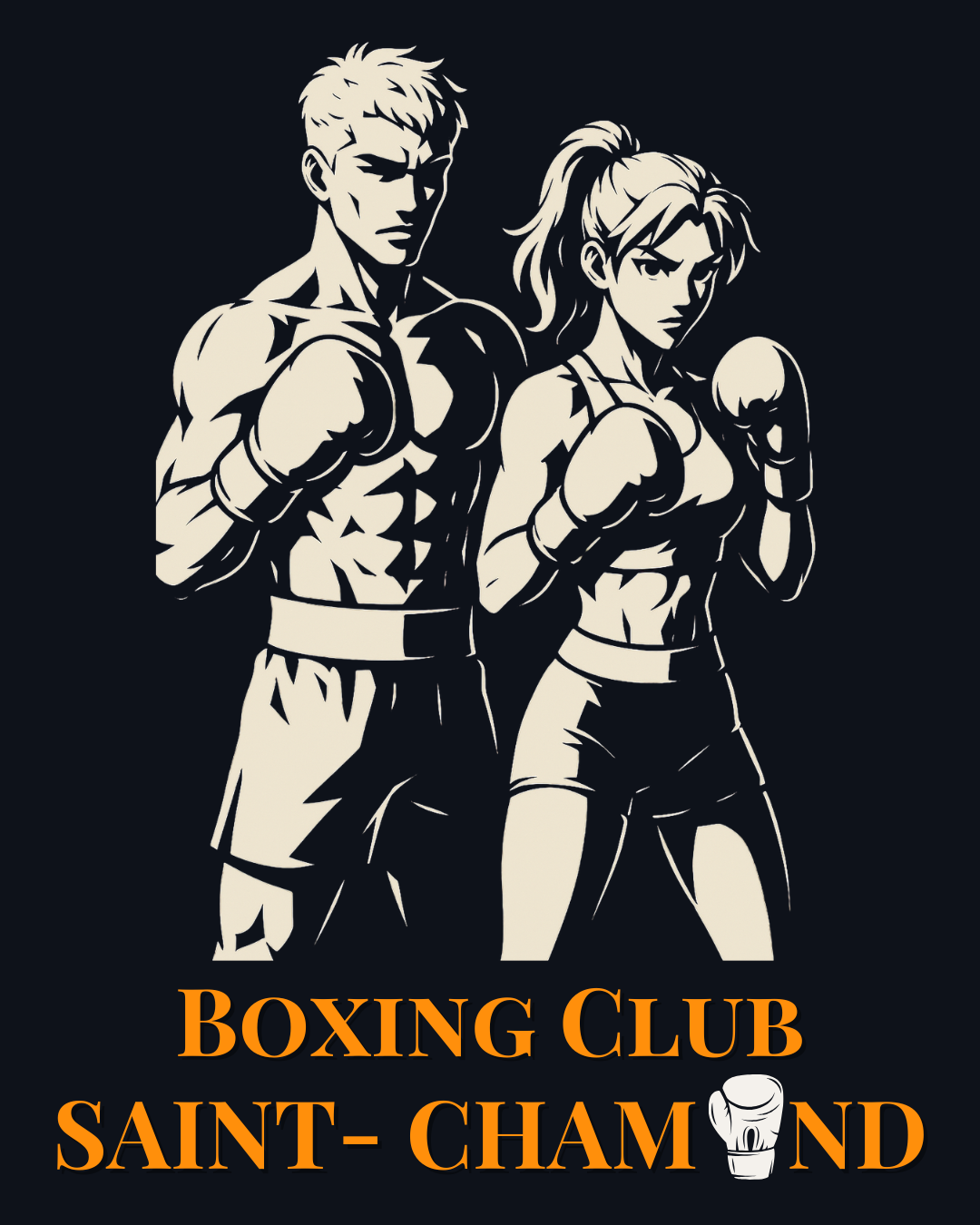 Description alternative pour l'image : Un homme et une femme, athlètes de boxe, sont représentés en silhouette avec des ga...